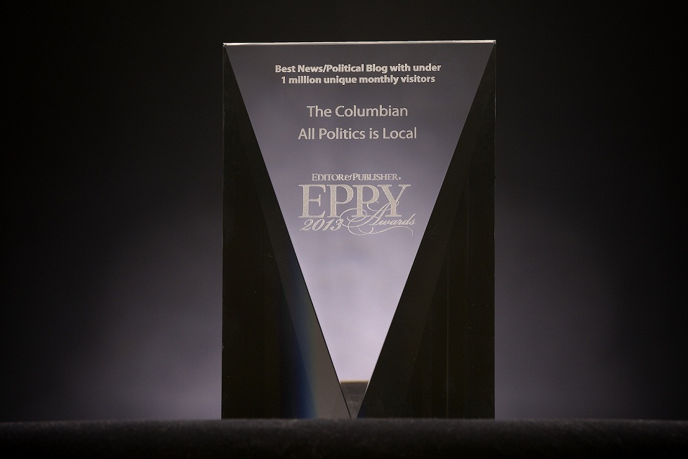 All politics blog EPPY award photographed December 12, 2013 in Vancouver, Washington.  (Troy Wayrynen/The Columbian)