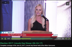 Tomi Lahren speaking at the Clark County GOP Lincoln Day Dinner. 