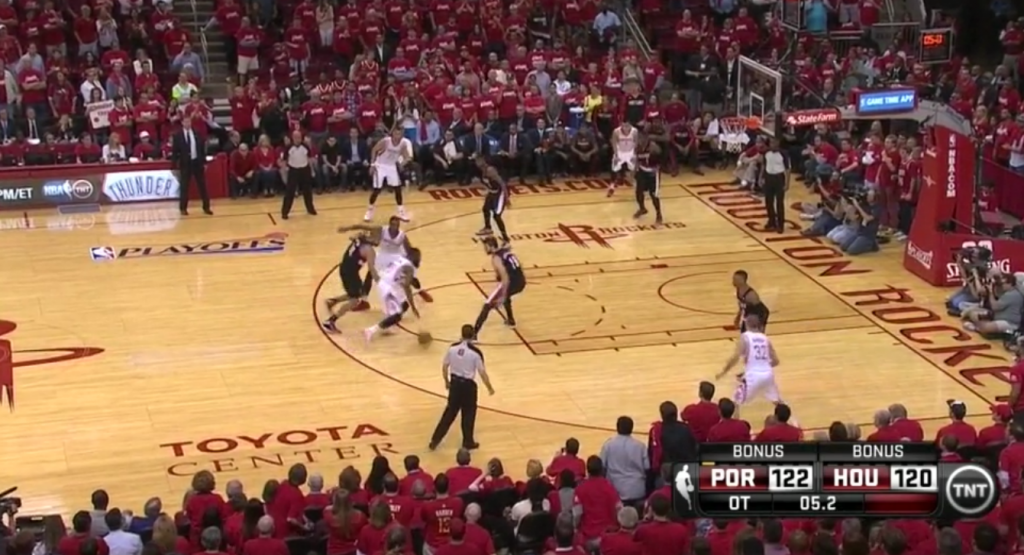 Freeland meets Harden at the foul line, like Portland's big men are asked to do. 