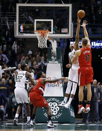 One of Leonard's low points, getting a game-tying shot blocked by John Henson 10 days ago in a 2-point loss to Milwaukee (AP Photo/Morry Gash)
