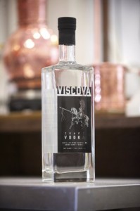 A bottle of Viscova craft vodka, one of the spirits distilled at Double V Distillery in Battle Ground. Owner John Vissotzky decided to open in Battle Ground because of the friendly zoning laws, he said. (Photo by Troy Wayrynen)