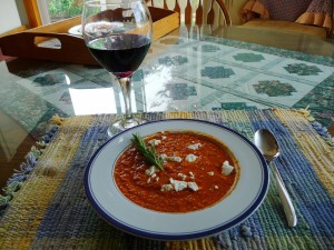 Roasted tomato, rosemary & goat cheese soup paired with a Syrah