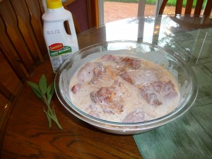 Chicken soaking in herbs, spices and buttermilk bath 