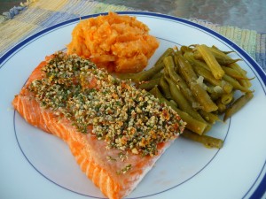 Almond-encrusted salmon with mashed sweet potatoes and garden-fresh green beans