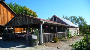Heisen House Vineyards' outdoor tasting room with historic Heisen barn in the background