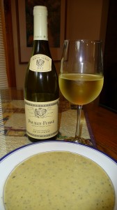 This 2013 Louis Jadot Pouilly-Fuissé paired nicely with the rich mouth feel and pepper seasoning of cream of zucchini soup.