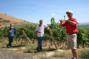 Wade Wolfe, winemaker at Thurston Wolfe (in red), with Todd Newhouse of Upland Winery and John Martinez of Maison Bleue Winery. Courtesy of Wine Yakima Valley.