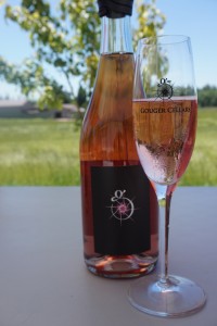 The strawberry appearance of Gougér Cellars Sparkling Rosé is followed up by a nose of strawberries and a mouth of crisp acidity, ripe raspberry, strawberry and a hint of rhubarb.