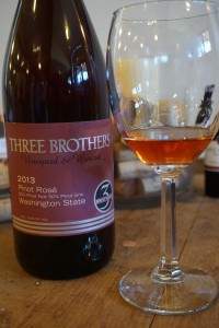 The salmon pink color of Three Brothers 2013 Pinot Rosé gives way to a true pinot noir nose of ripe raspberry and cherry with enough white pepper finish to keep this sweeter rosé from being cloying.