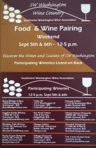 Saturday, September 5th-Sunday, September 6th join 11 Clark County wineries and tasting rooms for the Southwest Washington Wine Association Labor Day Food & Wine Pairing  from noon-5 pm. Special food pairings—chosen to perfectly complement their selection of wines—will be available at each stop. 