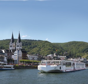 The Viking Longship Freya is identical in size and amenities to the Forseti that Rusty Grape Vineyards has reserved cabins on for a spectacular April of 2016 Bordeaux river cruise whose itinerary will include three UNESCO World Heritage Sites—similar in splendor to the German town of Boppard along the Rhine River shown here. Viking River Cruises