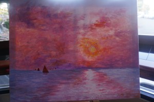 A masterpiece by Sharon Whyte-Red Sails at Night-for her group to follow at a recent Paint and Pour event held at the Red Lion Inn at the Quay. Viki Eierdam 