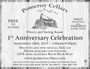 Pomeroy Cellars is hosting their One Year Anniversary bash on Friday, September 18th from 1-9 p.m. Pomeroy Cellars