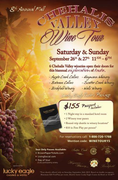 Purchase tickets now for the Chehalis Valley Wine Tour held on Saturday, September 26th and Sunday, September 27th from 11 am-6 pm. Chehalis Valley Wine Tour