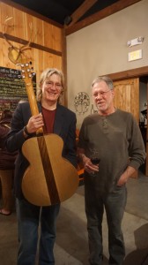 Grammy award-winning guitarist, Doug Smith, with accomplished luthier, Loren Schulte, and Moulton Falls Winery’s oak stave guitar. Viki Eierdam 