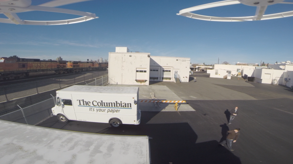 Columbian Web Editor John Hill test flies a drone behind The Columbian building in November.