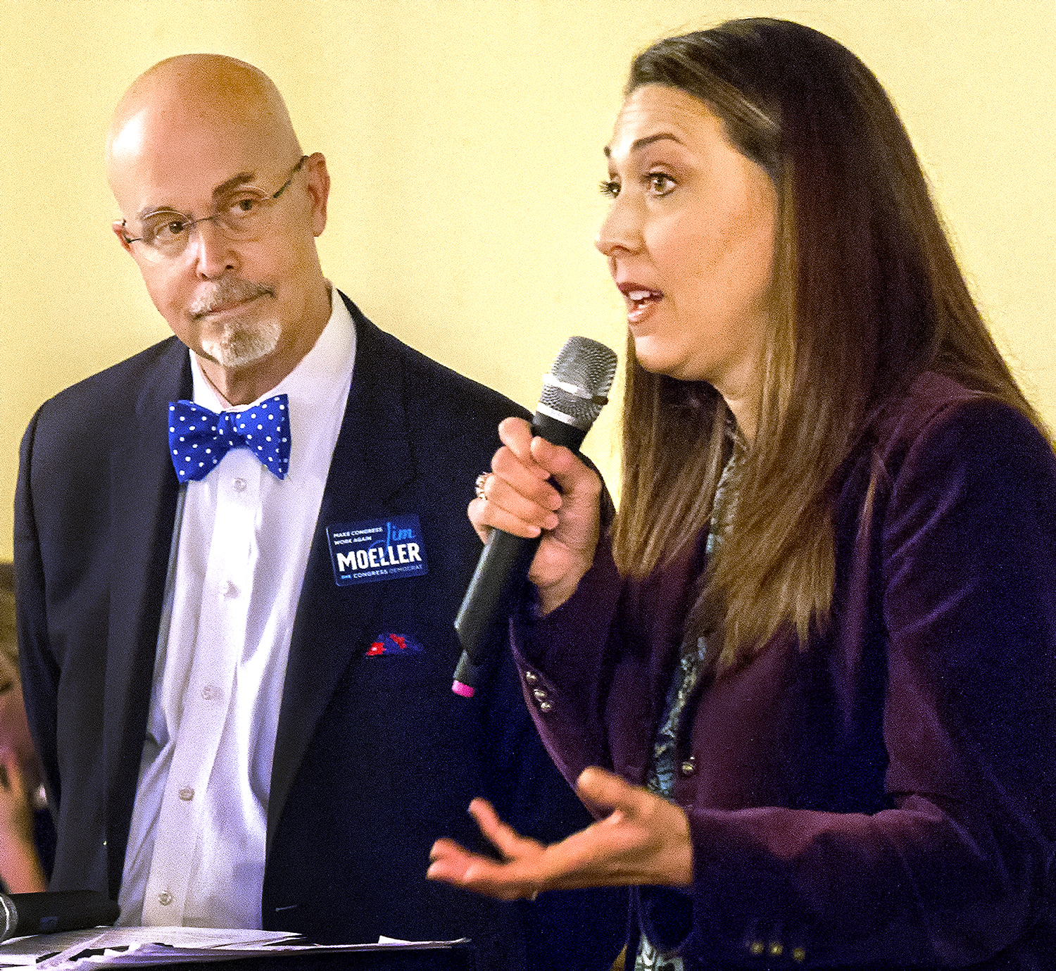 Congresswoman Jaime Herrera Beutler and Democratic challenger state Rep. Jim Moeller of the 49th District squared off in a debate at the Oak Tree Restaurant in Woodland Tuesday afternoon. State Rep. Jim Moeller, D-Vancouver, left, and U.S. Rep. Jaime Herrera Beutler, R-Camas, square off Tuesday afternoon during a debate in Woodland. Moeller is challenging Herrera Beutler for her 3rd Congressional District seat. (Roger Werth/The Daily News)