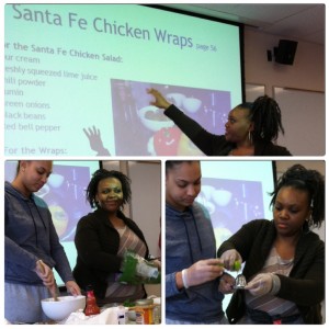 A student helps make the Santa Fe Chicken Salad