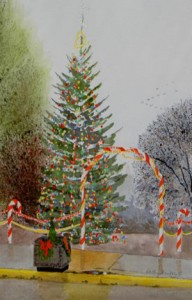 Ridgefield's Christmas Tree, an original watercolor by Kathy Winters