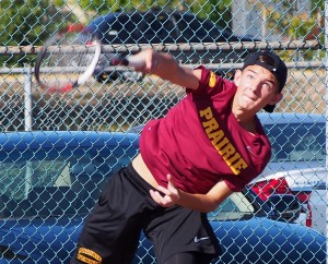 Playing No. 2 singles for Prairie, sophomore Seth Tripp on Wednesday, Sept. 10, 2014.