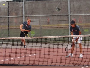 Union's Bjorn Morfin, left, and Alex Calpagiu in No. 1 doubles match vs. Heritage on Wednesday, Sept. 17, 2014 (Jeff Klein photo)