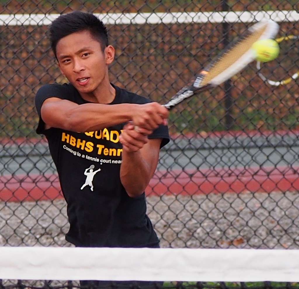 Hudson's Bay senior Thanh Vo, returning a shot during the No. 1 doubles match vs. Mark Morris on Monday, Oct. 13, 2014 (Jeff Klein photo)