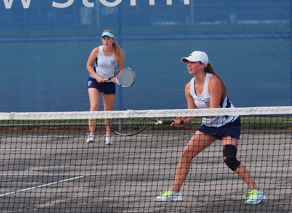 Skyview's No. 1 doubles team Macy Ballew, left, and Katherine Metz taking on Union. (Jeff Klein/The Columbian)