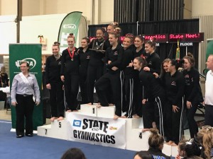 The Camas gymnastics team celebrates its team title at the 4A state meet in Tacoma (Meg Wochnick/The Columbian)