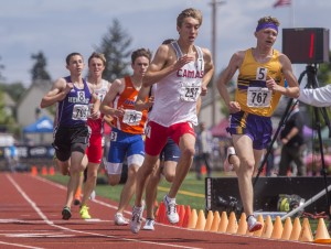 Midway through the boys 4A 800 meter run Daniel Maton of Camas (left) was side-by-side with Luke George of Issaquah, then went ahead to win with a comfortable margin at the state 2A, 3A, 4A Track & Field Championships held at Mt. Tahoma High School in Tacoma, May 26, 2018.
