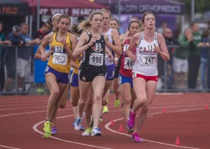 Emma Jenkins of Camas lead the pack for several laps of the 4A girls 3200 meter run at the state 2A, 3A, 4A Track & Field Championships held at Mt. Tahoma High School in Tacoma, May 26, 2018.  Then she fell to fourth place in the last laps.
