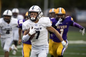 Skyview's Mason Wheeler (7) runs an 82 yard touchdown off the opening kick at the start of Friday night's game at Columbia River High School in Vancouver on Sept. 7, 2018. 