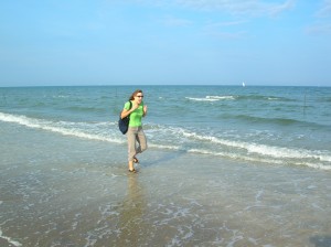 Viki excited to wade into Adriatic Sea on beach in Cervia 