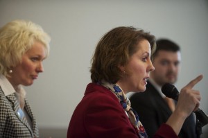 State Sen. Ann Rivers, R-La Center, speaks at a recent town hall meeting while state Reps. Liz Pike, R-Camas, left, and Brandon Vick, R-Vancouver, listen.