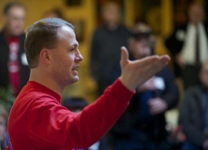 Political activist Tim Eyman joins opponents of light rail for a rally at the Vancouver Market Place in March.
