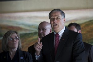 Gov. Jay Inslee holds a press conference in support of the Columbia River Crossing after meeting with business leaders at the Vancouver Community Library on March 22, 2013.