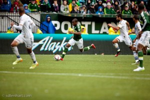 Darlington Nagbe in one of his patented dribble drives vs LA Galaxy on Sunday