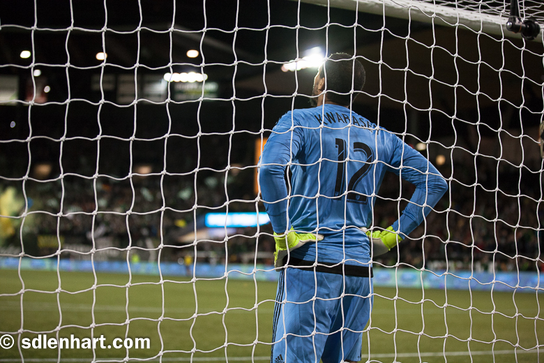 Kwarasey actually looks a bit bored given all the Timbers success in team defending and three goals to the good...