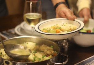 All hands on deck to get a steaming bowl of chicken and dumplings