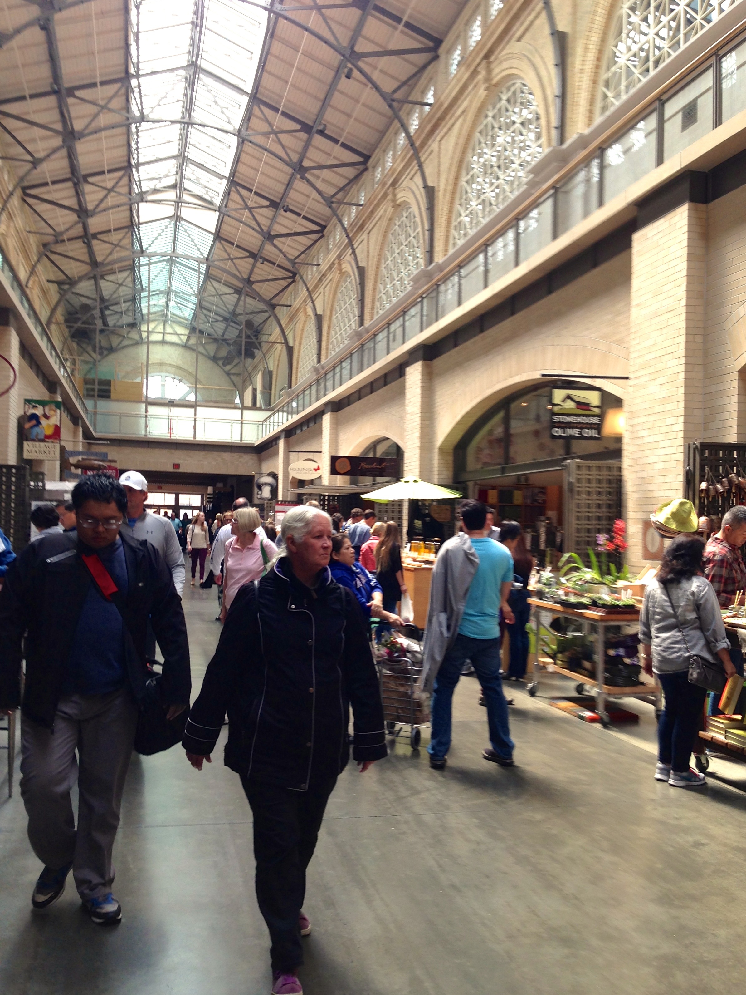 Food hall in the nave of the landmark Ferry Building Marketplace in San Francisco.