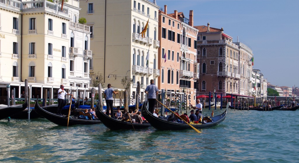 Gondolas line up on Venice's Grand Canal. 