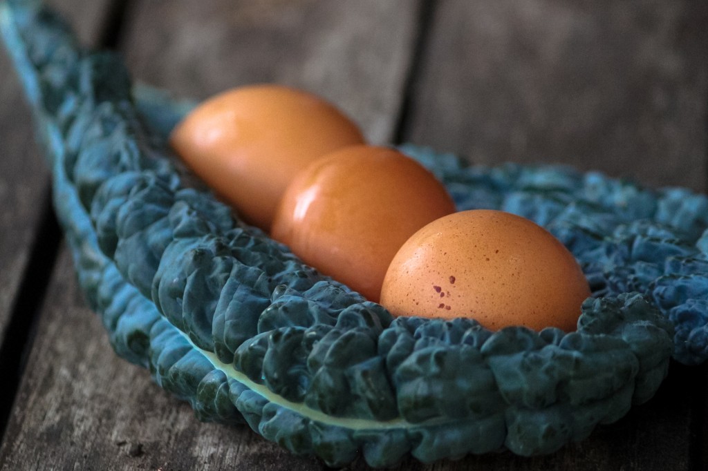eggs cradled in Lacinato kale