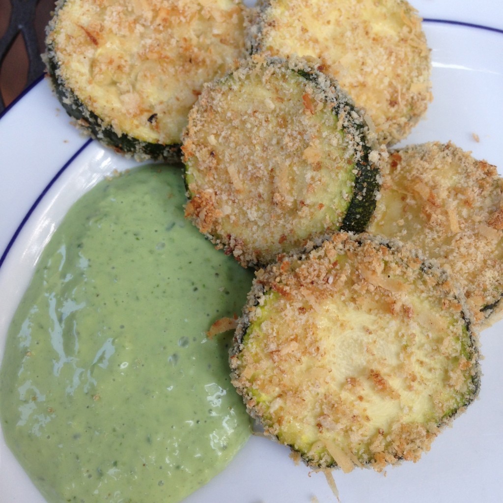 Oven-fried zucchini chips with a fresh basil dipping sauce