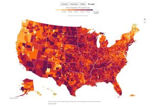 A heat map published and updated by the New York Times tracks the per capita COVID-19 case count in counties across the United States.