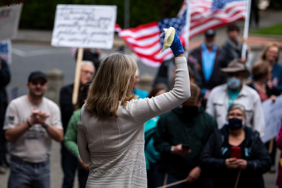 State Rep. Vicki Kraft, R-Vancouver, speaks to a crowd gathered in front of Clark County Superior Court to protest Washington Governor Jay Inslee's extension of coronavirus stay-at-home order in Vancouver on May 1, 2020. (Alisha Jucevic/The Columbian)