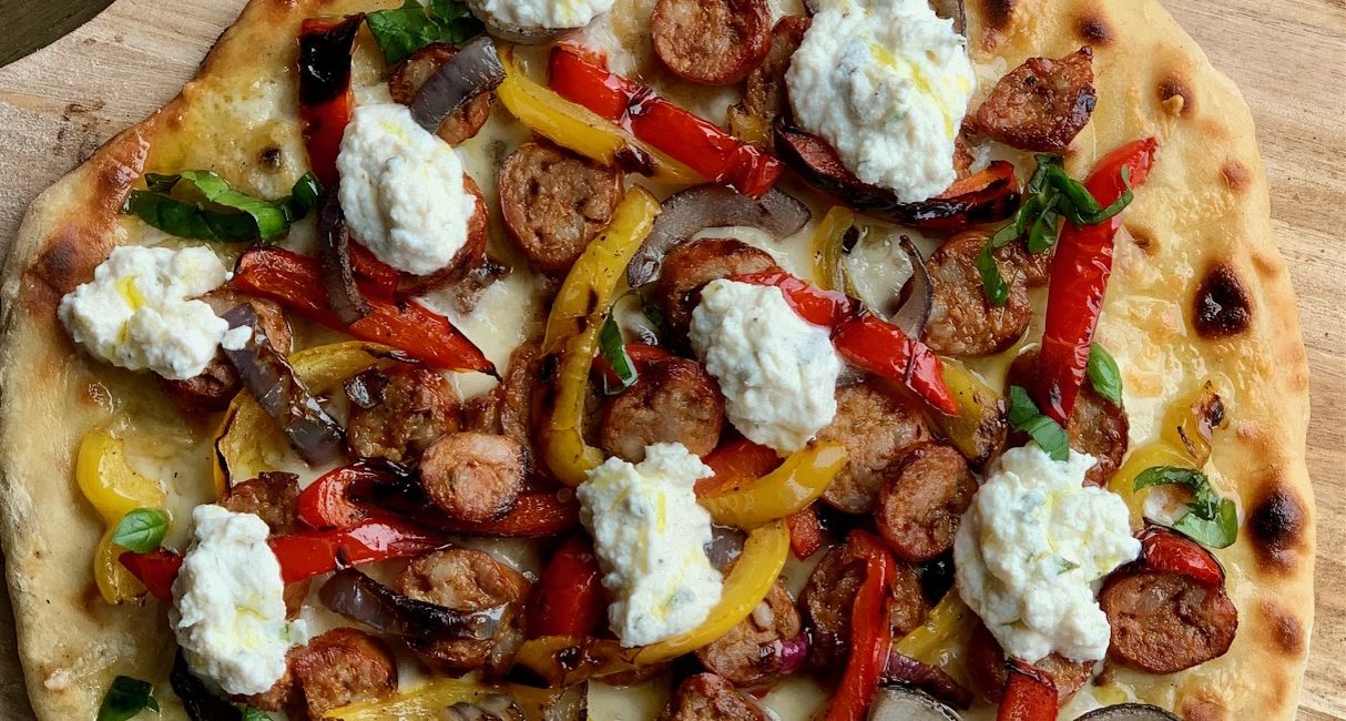 Grilled Pizza with Hot Sausage, Grilled Peppers and Onions and Oregano ...